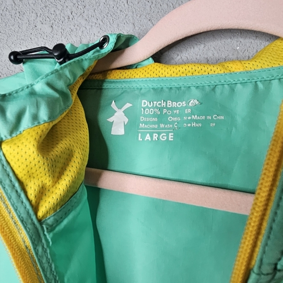 Dutch Bros Hoodie Mens Medium Pullover Logo Windbreaker Pouch Green Yellow - Picture 9 of 16
